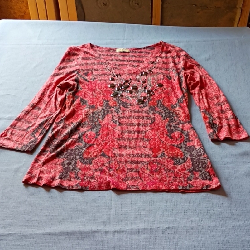 ONE WORLD Red Patterned Scoop Neck Embellished Long Sleeve Top